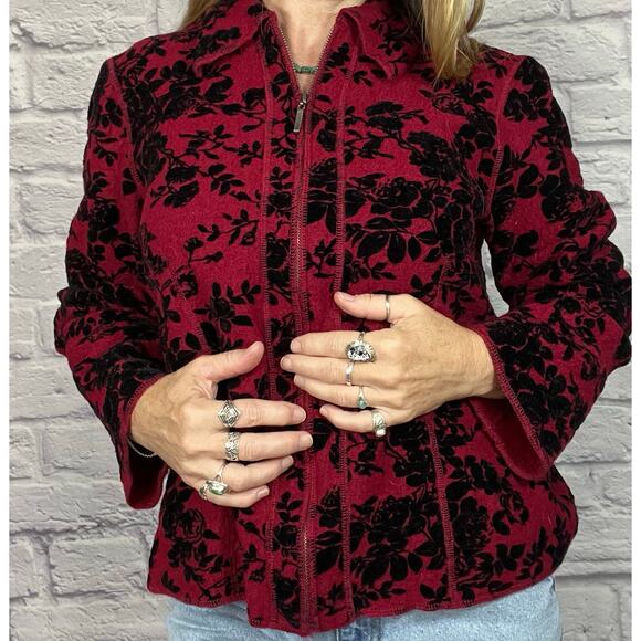 Sara Isabella Felted Wool Blend Shacket/Zip Up Sweater with Velour Embossing - Picture 1 of 9